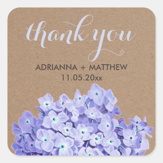 Kraft papier Hydrangeas Bloemen Dank u bruiloft Vierkante Sticker (Voorkant)