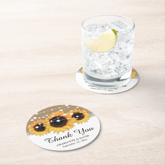 Kraft Papier Kant String Lights Zonnebloem Bruilof Ronde Kartonnen Onderzetter (Insitu)