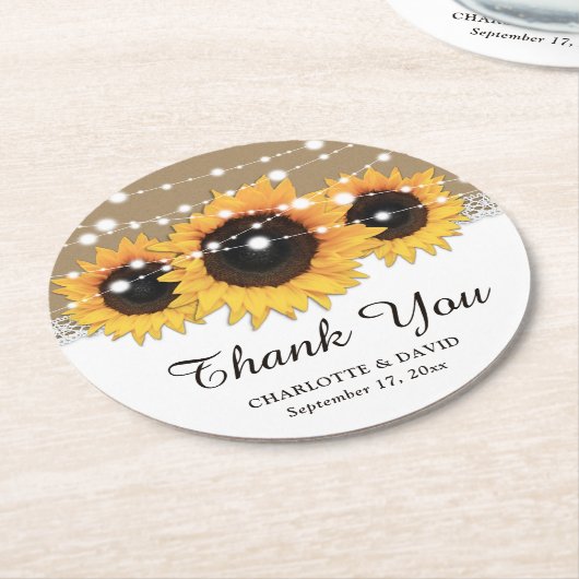 Kraft Papier Kant String Lights Zonnebloem Bruilof Ronde Kartonnen Onderzetter (Gebogen)