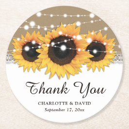 Kraft Papier Kant String Lights Zonnebloem Bruilof Ronde Kartonnen Onderzetter