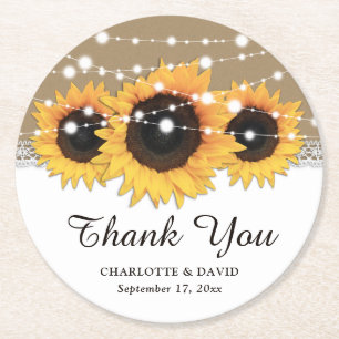 Kraft Papier Kant String Lights Zonnebloem Bruilof Ronde Kartonnen Onderzetter
