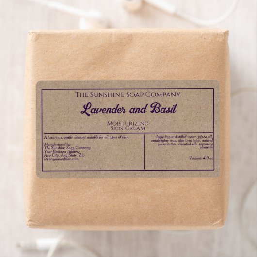 Kraft papier stijl paarse tekst cosmetica potje la etiket (Insitu)