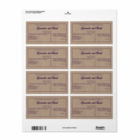 Kraft papier stijl paarse tekst cosmetica potje la etiket (Full Sheet)