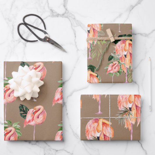 Kraft Papier Waterverf Roze Flamingo's Mama & Baby Inpakpapier Vel (Voorkant)