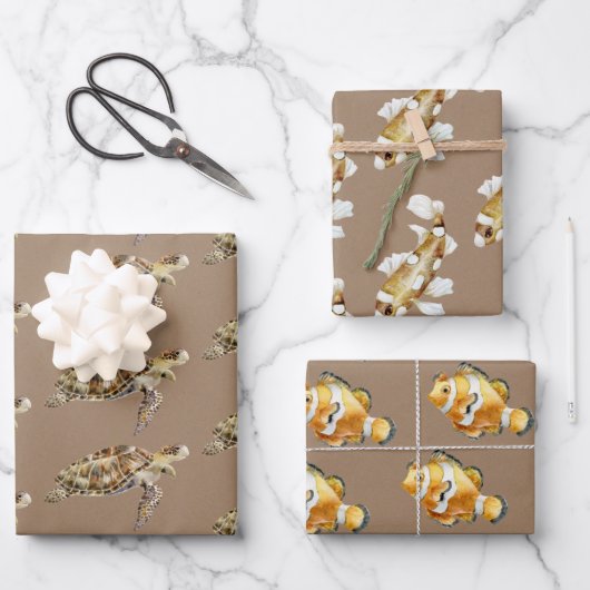 Kraft Papier Waterverf Zee Schildpad & Vis Inpakpapier Vel (Voorkant)