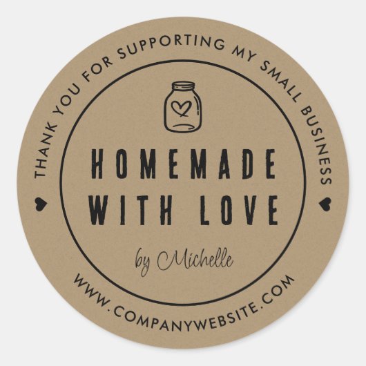 Kraft papier zelfgemaakt met liefde dank u ronde sticker (Voorkant)