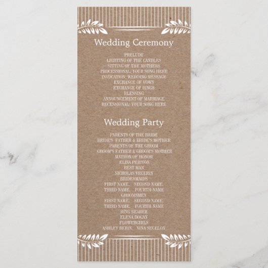 Kraft papieren bruiloft programma met witte blader programmakaart (Achterkant)