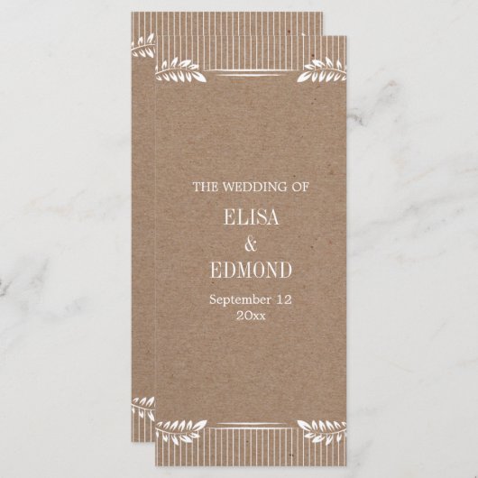 Kraft papieren bruiloft programma met witte blader programmakaart (Voorkant / Achterkant)