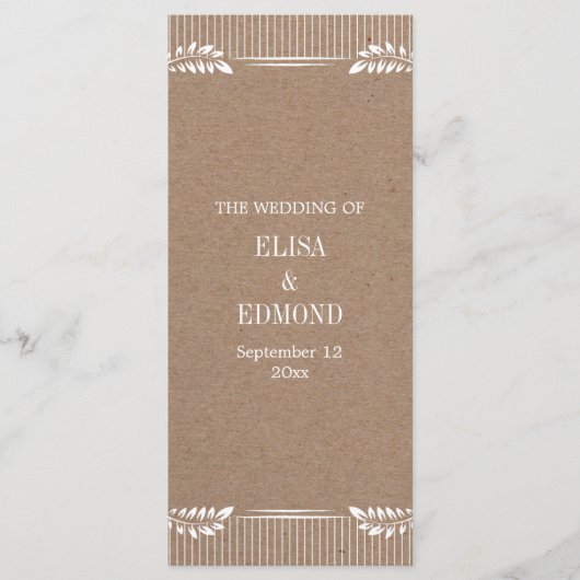 Kraft papieren bruiloft programma met witte blader programmakaart (Voorkant)