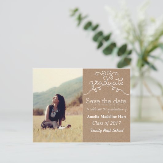 Kraft-papierscript Afstuderen | De datumfoto opsla Aankondigingskaart (Staand voorkant)