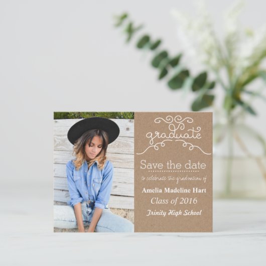 Kraft-papierscript Afstuderen | De datumfoto opsla Aankondigingskaart (Staand voorkant)