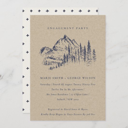 Kraft Pine Bossen Mountain Sketch Verloving Invite Bedankkaart (Voorkant / Achterkant)