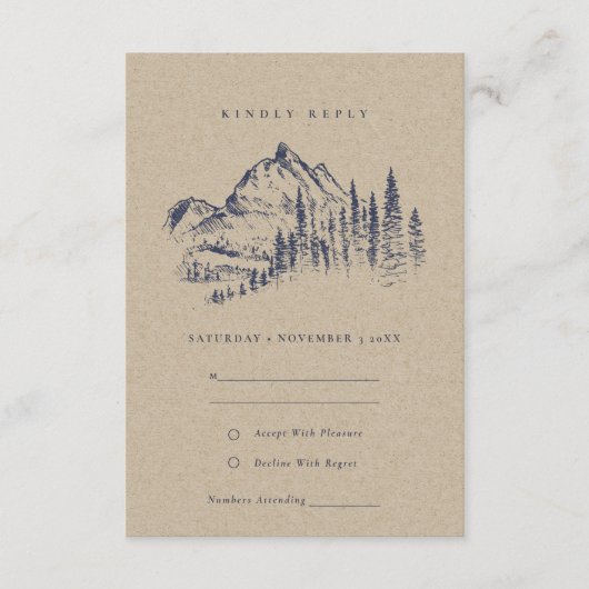 Kraft Pine Bossen Mountain Sketch Wedding RSVP Informatiekaartje (Voorkant)