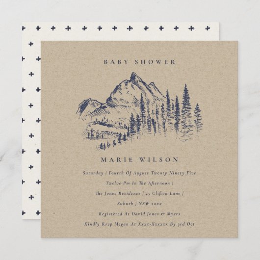 Kraft Pine Mountain Sketch Baby shower Invite Bedankkaart (Voorkant / Achterkant)