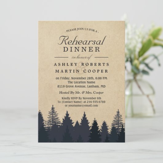 Kraft Pine Tree Winter Wedding Rehearsal Dinner Kaart (Staand voorkant)