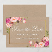 Kraft Pink Blush Floral Gold Save the Date Kaart (Voorkant / Achterkant)