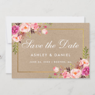 Kraft Pink Blush Floral Gold Save the Date Kaart