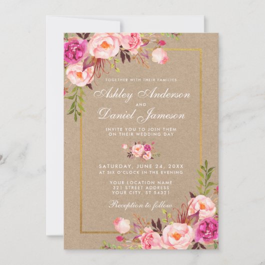 Kraft Pink Blush Floral Gold Wedding Invite (Voorkant)