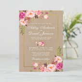 Kraft Pink Blush Floral Gold Wedding Invite (Staand voorkant)