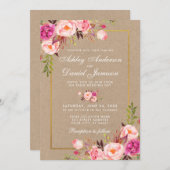 Kraft Pink Blush Floral Gold Wedding Invite (Voorkant / Achterkant)