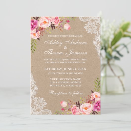 Kraft Pink Blush Floral Lace Wedding Invite (Staand voorkant)