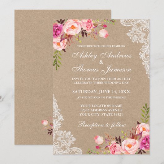 Kraft Pink Blush Floral Lace Wedding Invite (Voorkant / Achterkant)