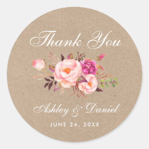 Kraft Pink Blush Floral Weddenschap Hartelijk dank Ronde Sticker
