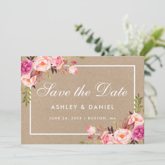 Kraft Pink Blush Waterverf Floral Save the Date (Staand voorkant)