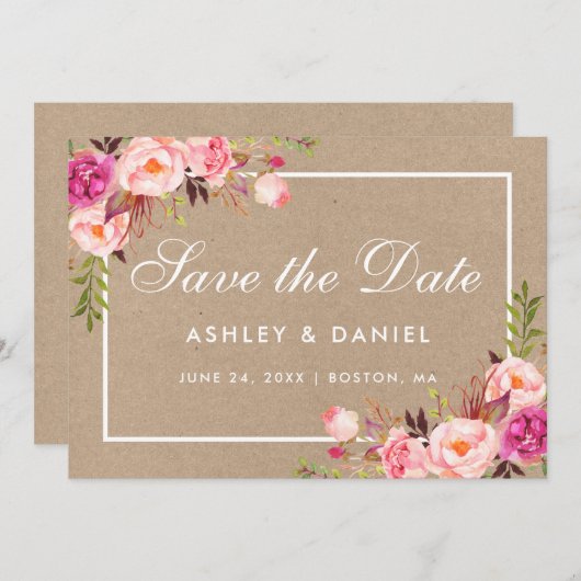 Kraft Pink Blush Waterverf Floral Save the Date (Voorkant / Achterkant)