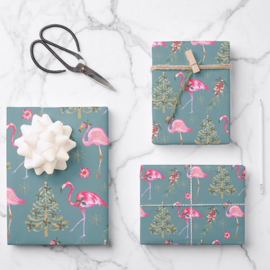 Kraft Pink Flamingos Mingling op kerstfeest Inpakpapier Vel (Voorkant)
