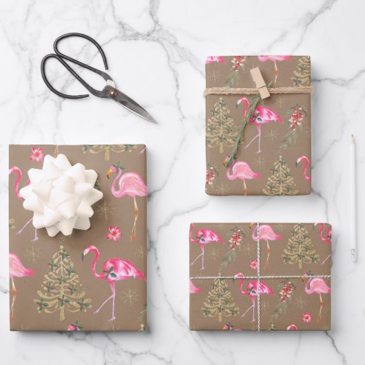 Kraft Pink Flamingos Mingling op kerstfeest Inpakpapier Vel (Voorkant)