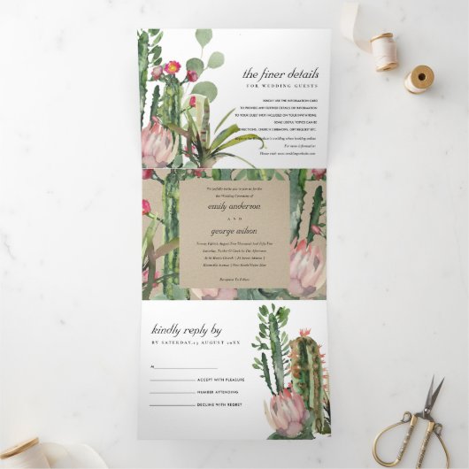 KRAFT PINK FLORAL CACTI FOLIAGE WATERVERF WEDDING DRIELUIK UITNODIGING (Binnen)