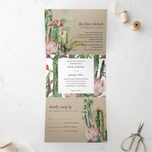 KRAFT PINK FLORAL CACTI FOLIAGE WATERVERF WEDDING DRIELUIK UITNODIGING