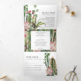 KRAFT PINK FLORAL CACTI FOLIAGE WATERVERF WEDDING DRIELUIK UITNODIGING