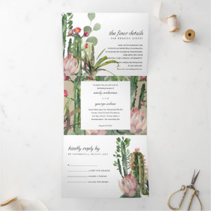 KRAFT PINK FLORAL CACTI FOLIAGE WATERVERF WEDDING DRIELUIK UITNODIGING