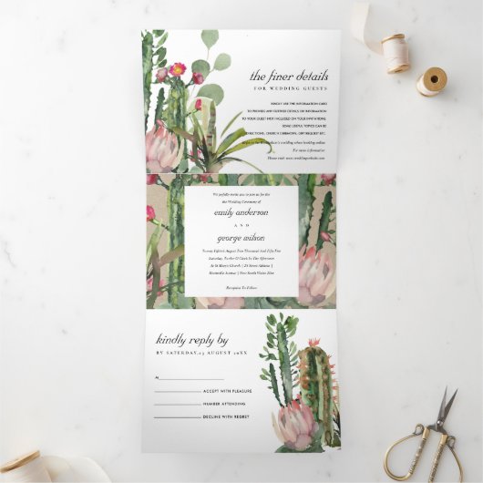 KRAFT PINK FLORAL CACTI FOLIAGE WATERVERF WEDDING DRIELUIK UITNODIGING (Binnen)
