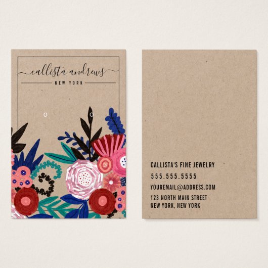 Kraft Pink Floral Cursive Earring Display Kaart (Voorkant /achterkant)