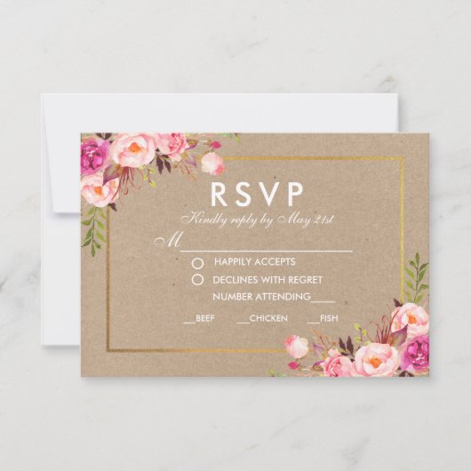 Kraft Pink Floral Gold RSVP Wedding Meal Card (Voorkant)
