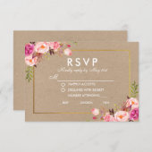 Kraft Pink Floral Gold RSVP Wedding Meal Card (Voorkant / Achterkant)