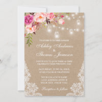 Kraft Pink Floral Jar Lights Lace Wedding Invite