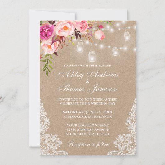 Kraft Pink Floral Jar Lights Lace Wedding Invite (Voorkant)
