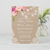 Kraft Pink Floral Jar Lights Lace Wedding Invite (Staand voorkant)
