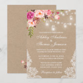 Kraft Pink Floral Jar Lights Lace Wedding Invite (Voorkant / Achterkant)