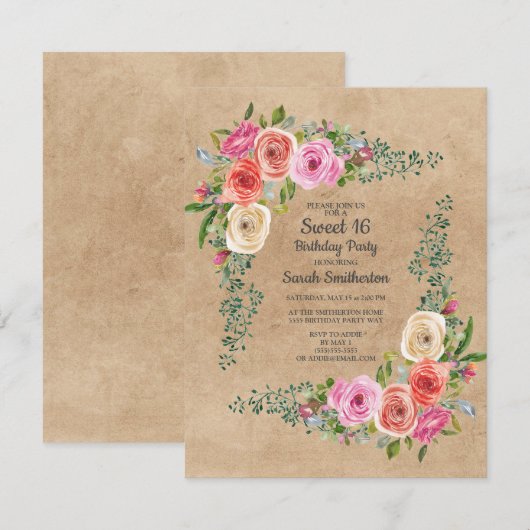 Kraft Pink Ivory Waterverf Floral Sweet 16 Kaart (Voorkant / Achterkant)