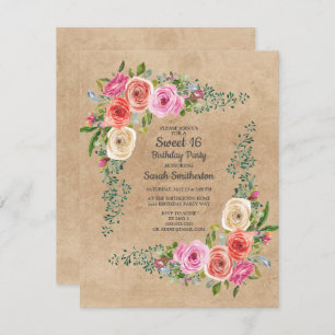 Kraft Pink Ivory Waterverf Floral Sweet 16 Kaart
