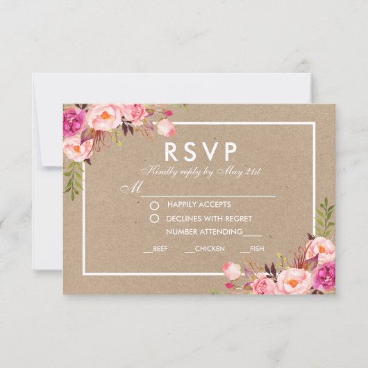 Kraft Pink Waterverf Floral RSVP Wedding Meal (Voorkant)