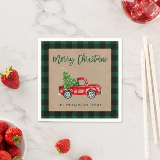 Kraft Plaid Brush Script Christmas  Truck Servet (Insitu)