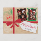 Kraft Red Green Gift Bow Foto Vrolijk Kerstfeest Feestdagenkaart (Voorkant)