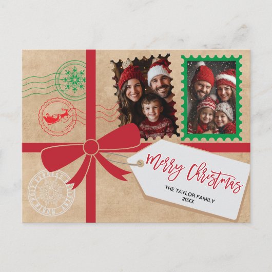 Kraft Red Green Gift Bow Foto Vrolijk Kerstfeest Feestdagenkaart (Voorkant)