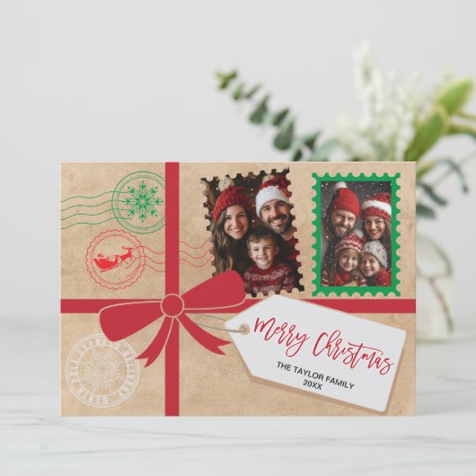 Kraft Red Green Gift Bow Foto Vrolijk Kerstfeest Feestdagenkaart (Staand voorkant)